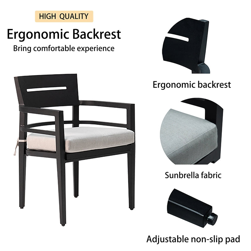 High-quality ergonomic outdoor dining chair with black aluminum frame and gray cushion - Elirian