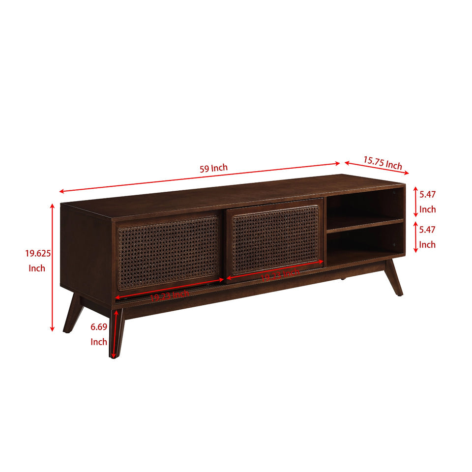 Mid-century modern walnut TV stand with rattan doors and open shelving storage - Elirian