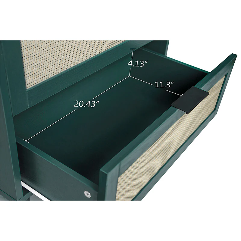 Dark Green 3-Drawer Rattan Accent Cabinet with Metal Handles & Wood Legs