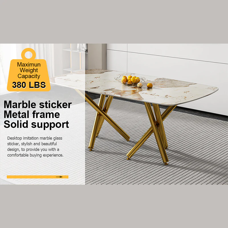 70.9" White Faux Marble Rectangular Dining Table with Gold-Plated Legs