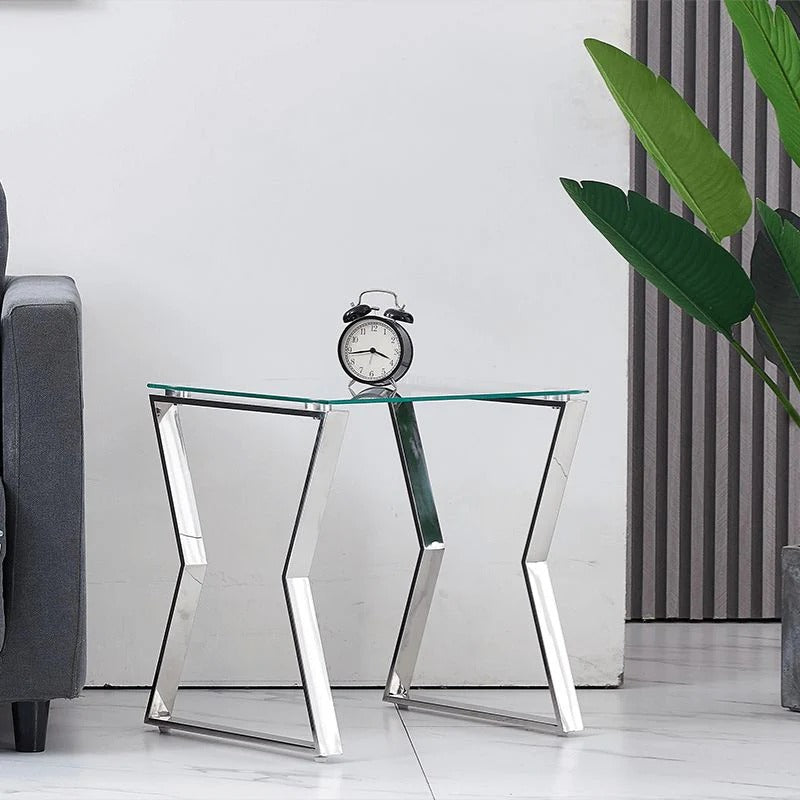Square Top Silver Glass Nesting End Table with Stainless Steel Legs