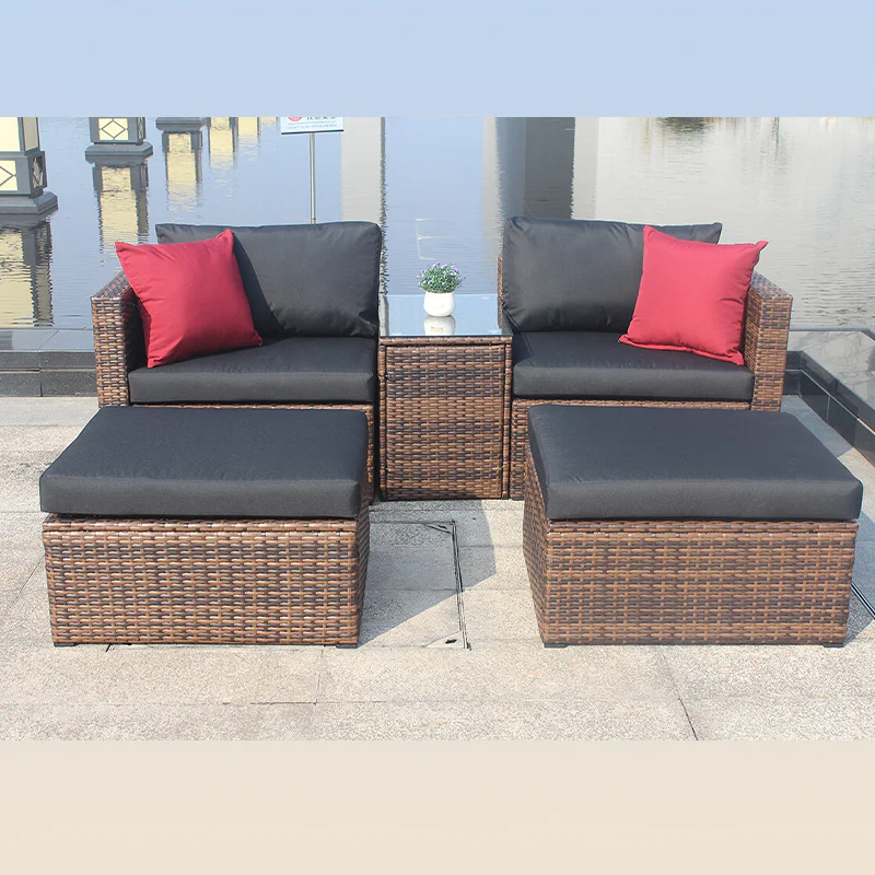 Brown Wicker 5-Piece Outdoor Sofa Set with Black Cushions & Red Pillows