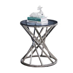 Round Silver Glass Side Table with Spiral Stainless Steel Frame