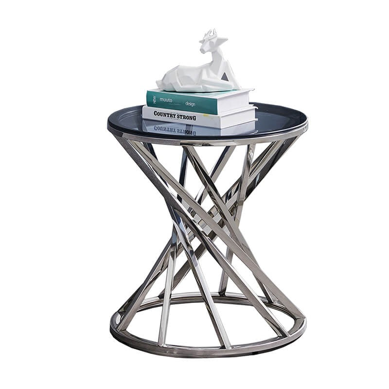 Round Silver Glass Side Table with Spiral Stainless Steel Frame