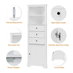 Tall White Bathroom Corner Cabinet with 3 Drawers & Adjustable Shelves