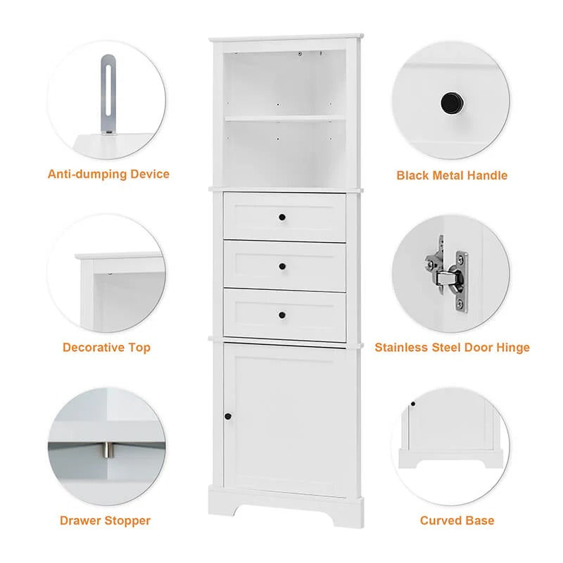 Tall White Bathroom Corner Cabinet with 3 Drawers & Adjustable Shelves