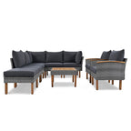 9-Piece Gray Rattan Patio Conversation Set with Acacia Wood Legs & Cushions