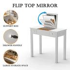 White makeup vanity table with flip-top mirror, drawers, and storage - Elirian