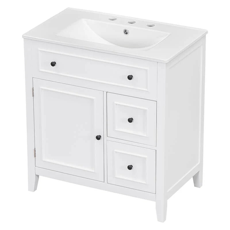 30" White Freestanding Bathroom Vanity with Ceramic Sink, Cabinet Door &Two Drawers