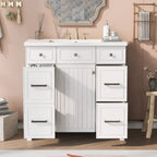 36" White Bathroom Vanity with Resin Sink, 6 Drawers & Soft-Close Cabinet