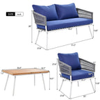 Navy Blue 4-Piece Woven Rope Patio Set with Acacia Wood Coffee Table & Cushions