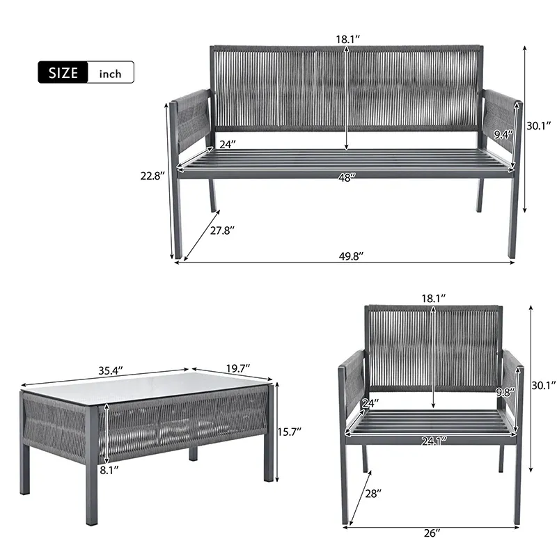 Grey 4-Piece Woven Rope Outdoor Lounge Set with Tempered Glass Coffee Table