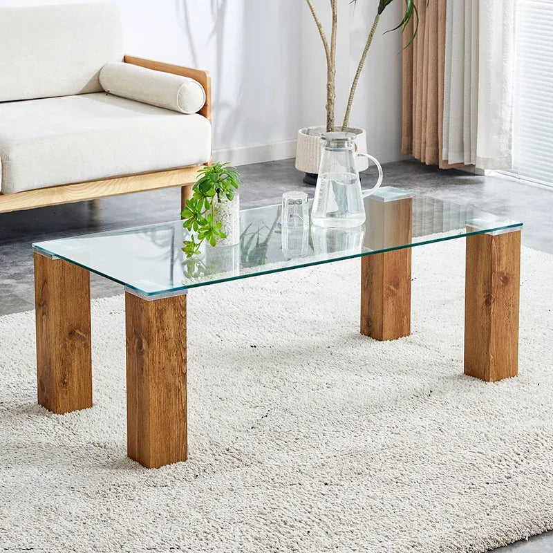 Modern Rectangle Glass Top Coffee Table with Wood Legs in Transparent Finish