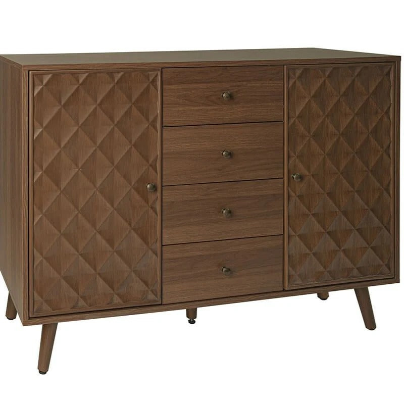 Four-Drawer Walnut Cabinet with Diamond Relief Doors & 2 Doors