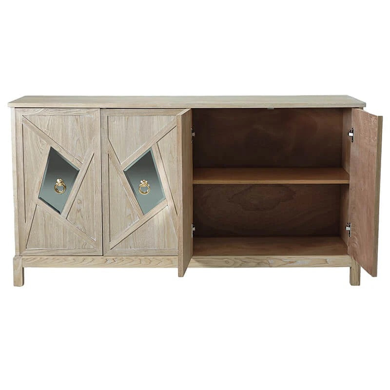 Modern 4-Door Storage Cabinet with Mirrored Decorative Doors & Shelves