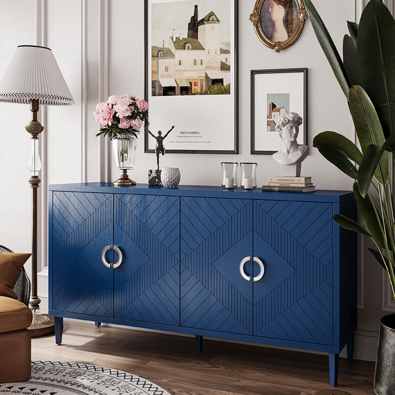Modern Navy Blue Four-Door Cabinet with Pine Legs and Four Shelves
