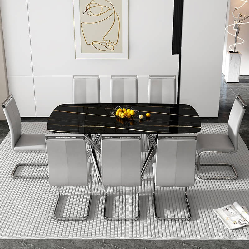 70.9" Black Faux Marble Glass Dining Table with Silver Chrome Legs