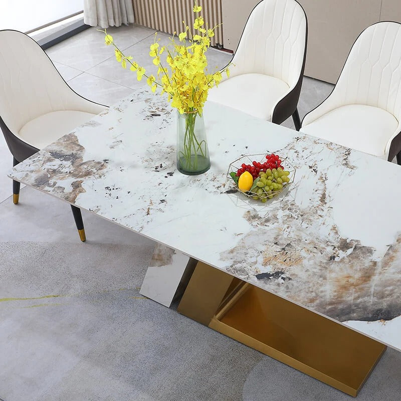 Rectangle Sintered Stone Dining Table with Gold L-Shaped Pedestal Base