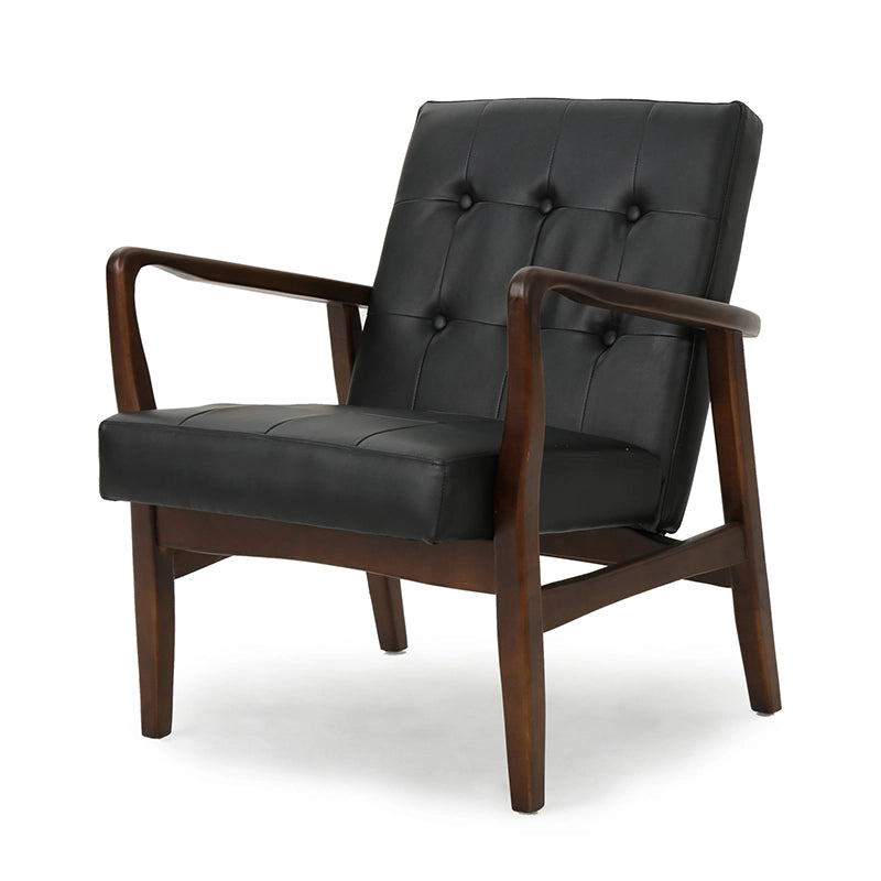 Fauteuil d'appoint en similicuir noir style milieu du siècle avec structure en bois