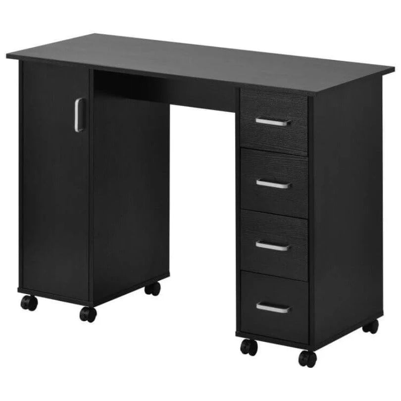 Black Mobile Craft Desk with 4 Drawers, Storage Door & Locking Caster Wheels