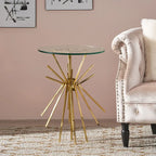 Round Glass and Gold Metal Side Table with Sunburst Base Design