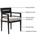 Black aluminum outdoor dining chair with ergonomic backrest and Sunbrella cushion - Elirian