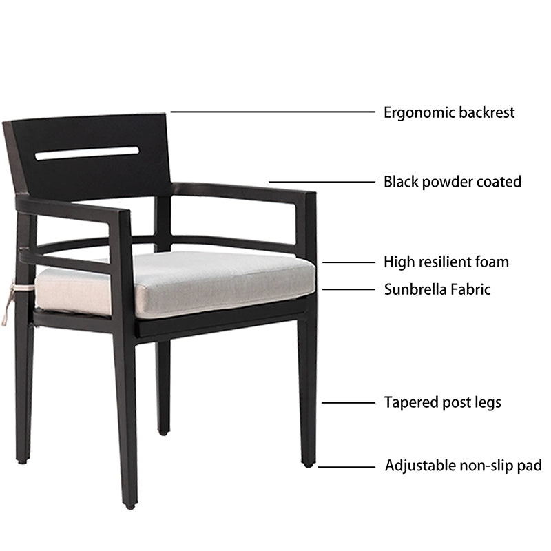 Black aluminum outdoor dining chair with ergonomic backrest and Sunbrella cushion - Elirian