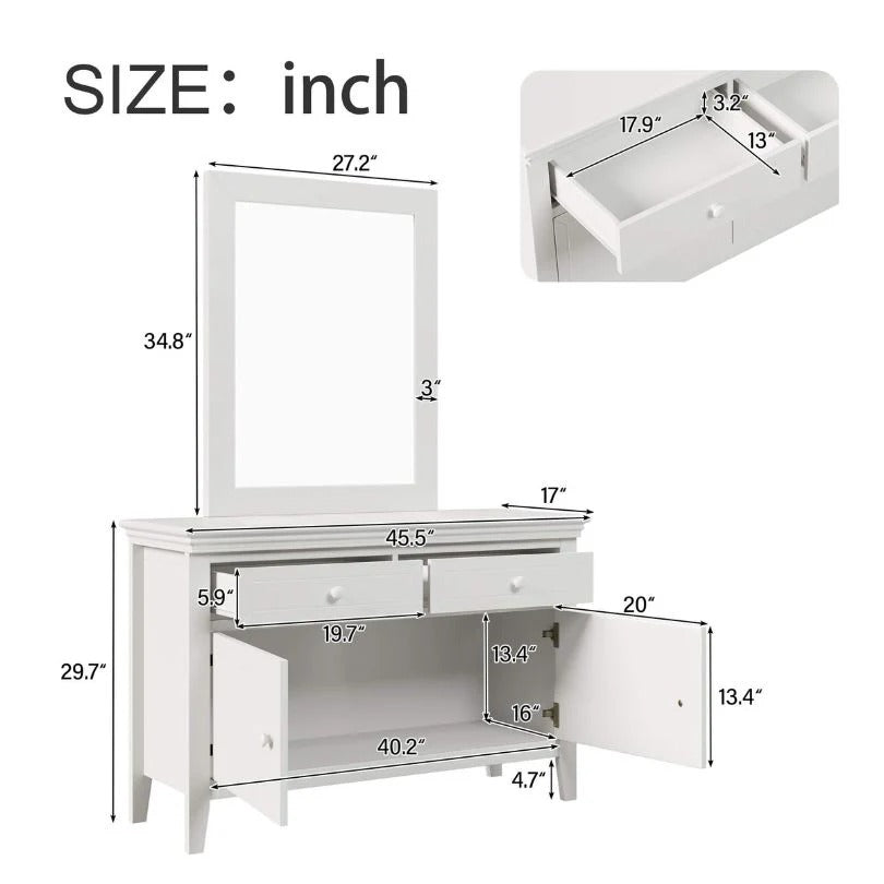 Traditional White Solid Wood Dresser with 2 Drawers & Lower Cabinet Storage