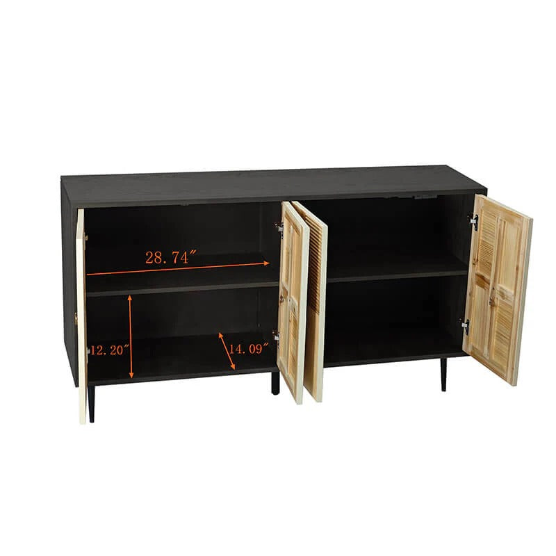 Four-Door Black Cabinet with Carved Pine Door Panels & Iron Hardware