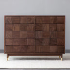 Solid Walnut 10-Drawer Dresser with Geometric Tile Front & Gold-Tone Legs