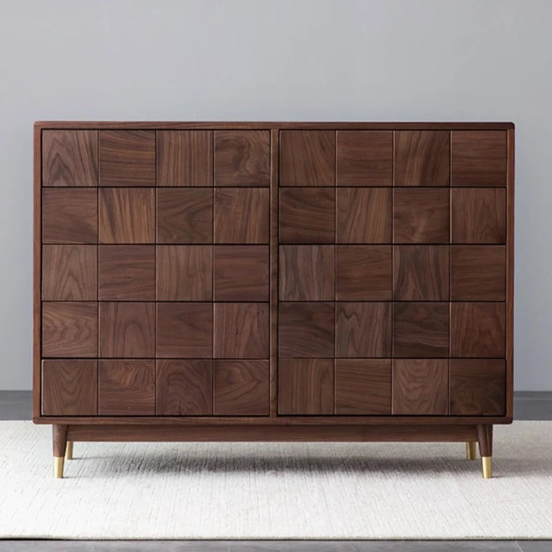 Solid Walnut 10-Drawer Dresser with Geometric Tile Front & Gold-Tone Legs