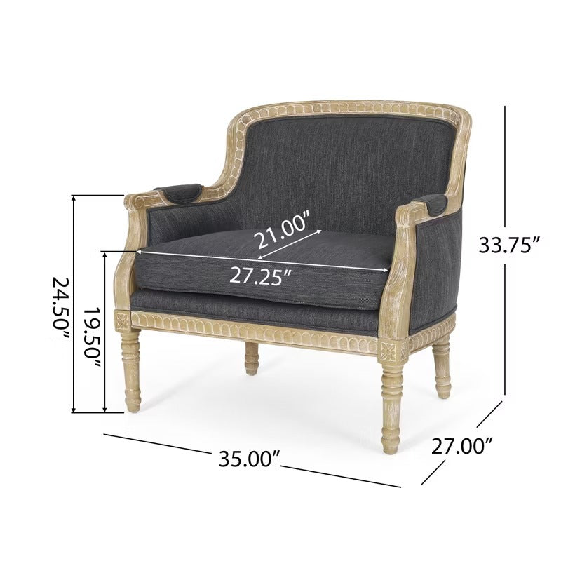 Fauteuil confortable rétro en tissu rembourré avec accents sculptés naturels