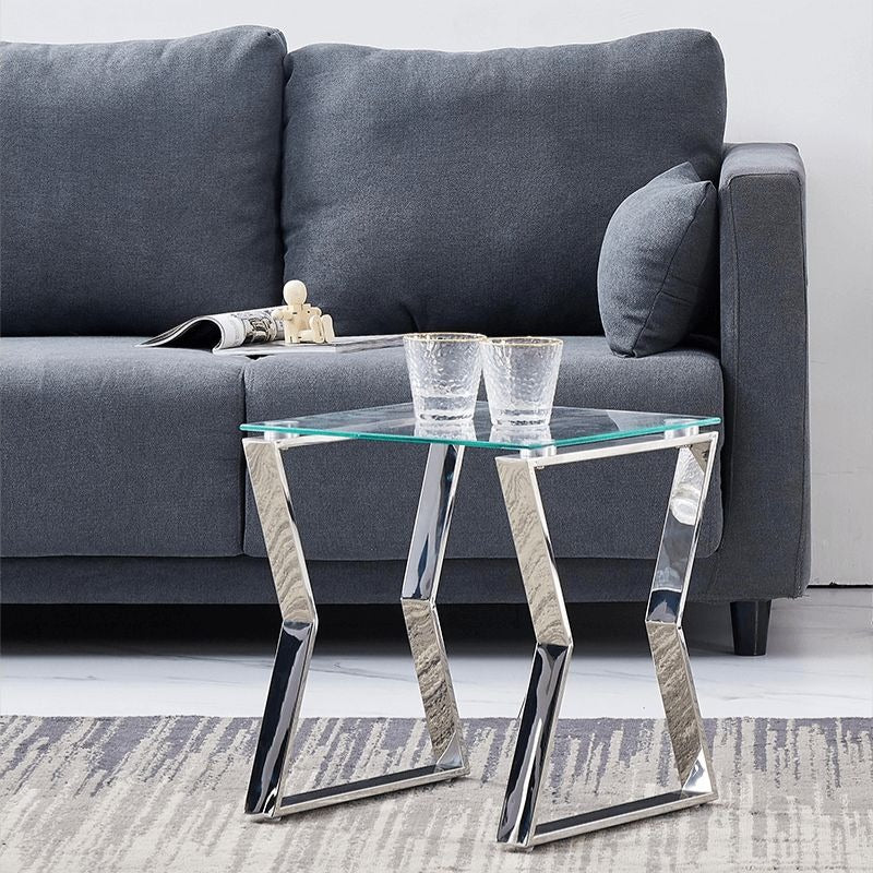 Square Top Silver Glass Nesting End Table with Stainless Steel Legs