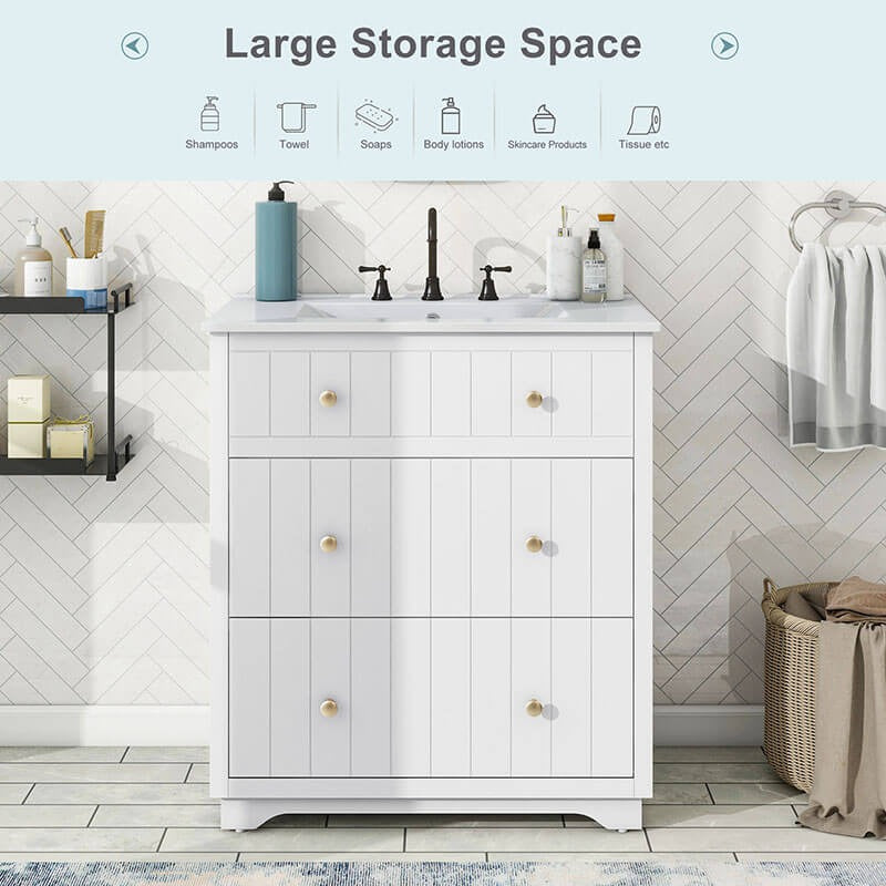 18" White Freestanding Bathroom Vanity with Ceramic Sink, Two Drawers & Gold Handles