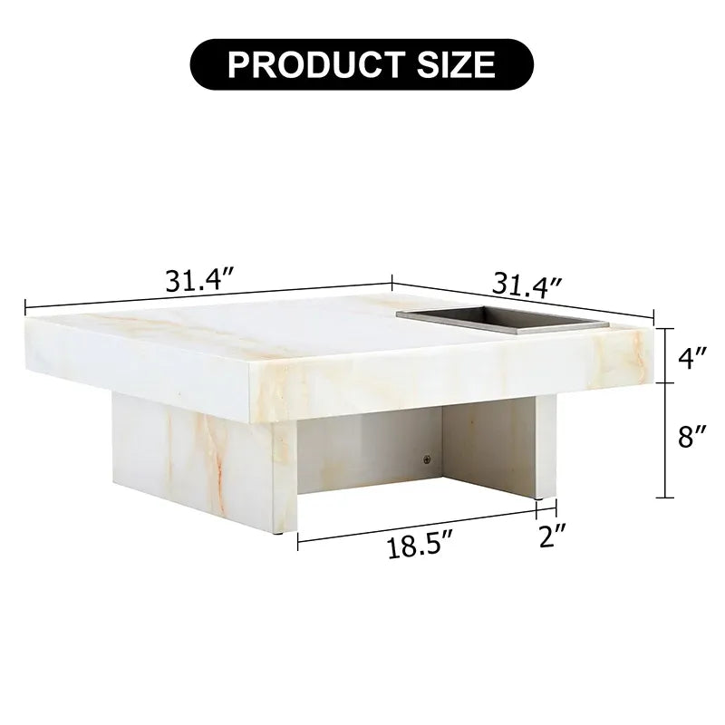 Square Faux Marble Coffee Table with Geometric Pattern in White and Beige