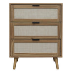 Modern Walnut 3-Drawer Rattan Cabinet with Wood Legs
