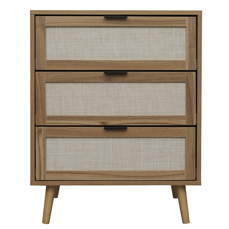 Modern Walnut 3-Drawer Rattan Cabinet with Wood Legs