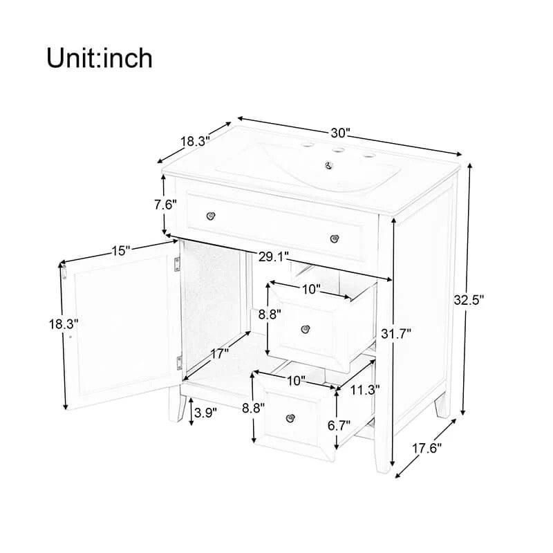 30" Freestanding Green Bathroom Vanity Cabinet with Ceramic Sink