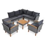 9-Piece Gray Rattan Patio Conversation Set with Acacia Wood Legs & Cushions