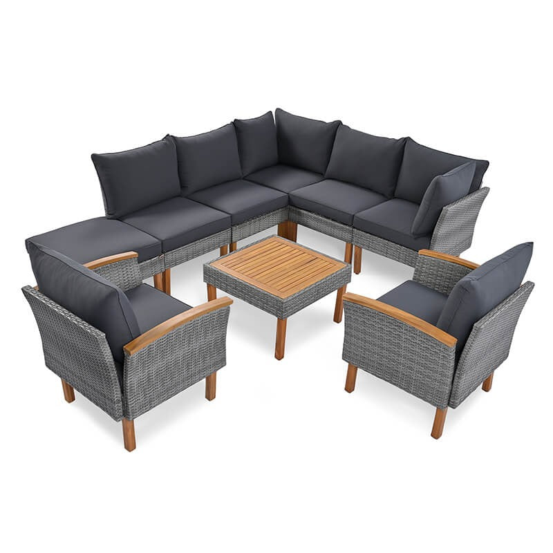 9-Piece Gray Rattan Patio Conversation Set with Acacia Wood Legs & Cushions