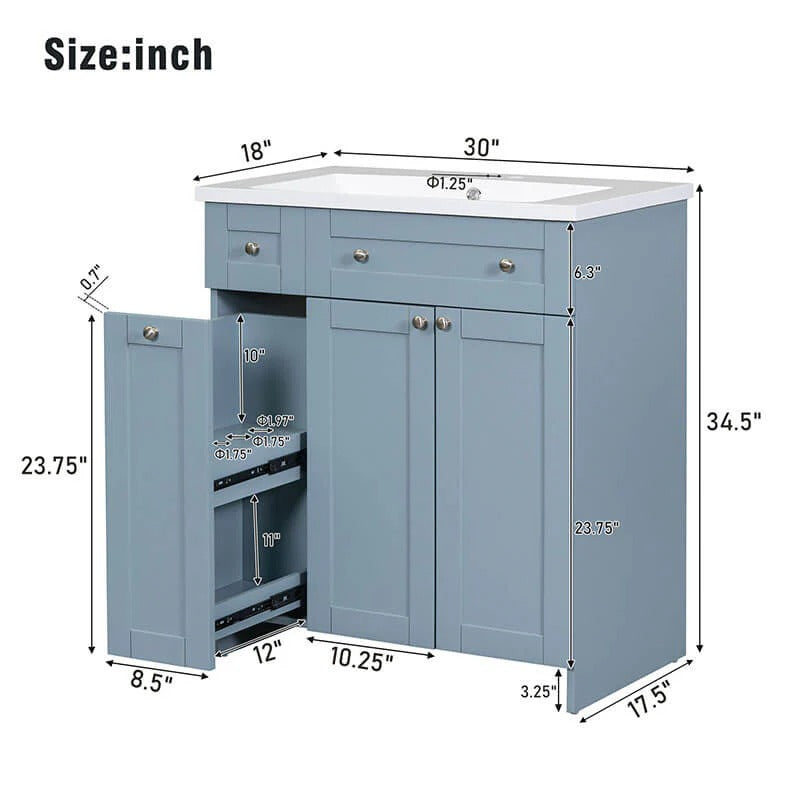 30" Blue Freestanding Bathroom Vanity with Integrated Resin Sink & Soft-Close Doors