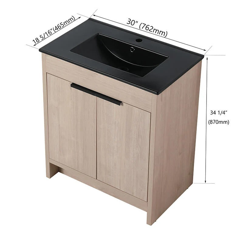 30" Light Oak Freestanding Bathroom Vanity with Black Ceramic Sink & Adjustable Shelf