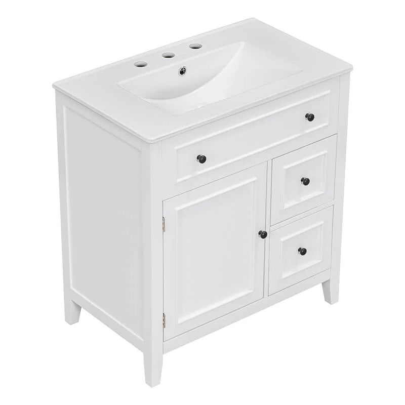 30" White Freestanding Bathroom Vanity with Ceramic Sink, Cabinet Door &Two Drawers