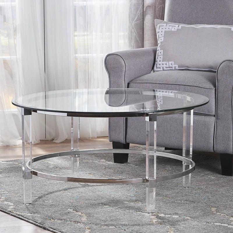 Round Clear Glass Coffee Table with Acrylic and Iron Accents in Modern Design