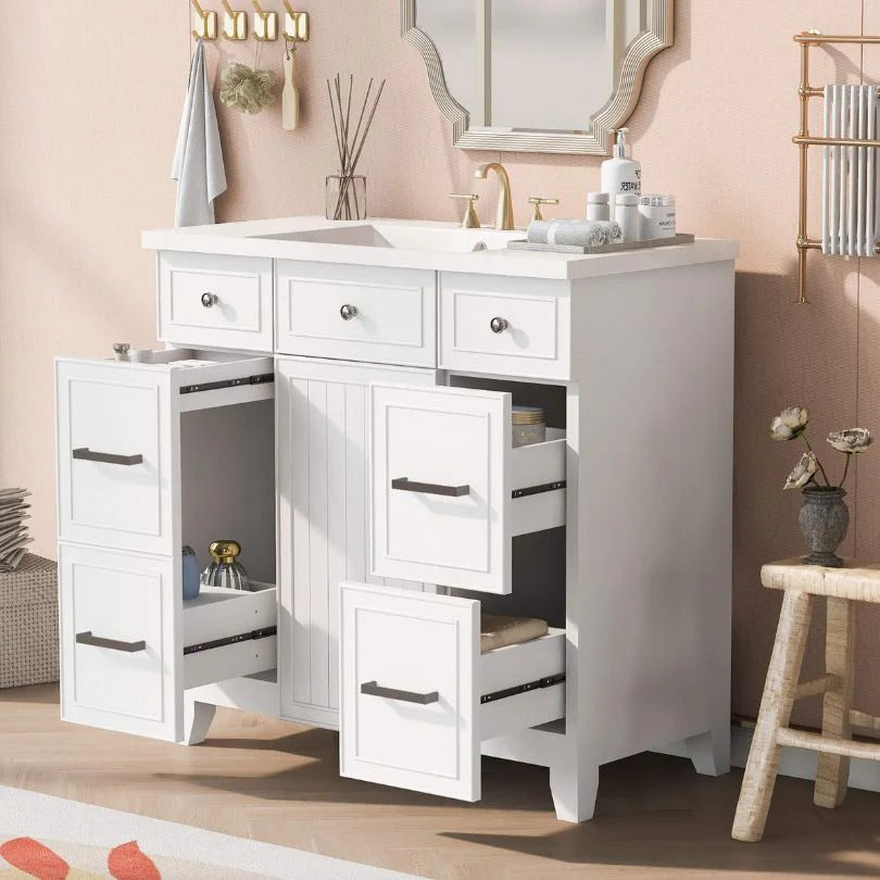 36" White Bathroom Vanity with Resin Sink, 6 Drawers & Soft-Close Cabinet