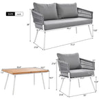 4-Piece Grey Woven Rope Outdoor Lounge Set with Acacia Wood Coffee Table