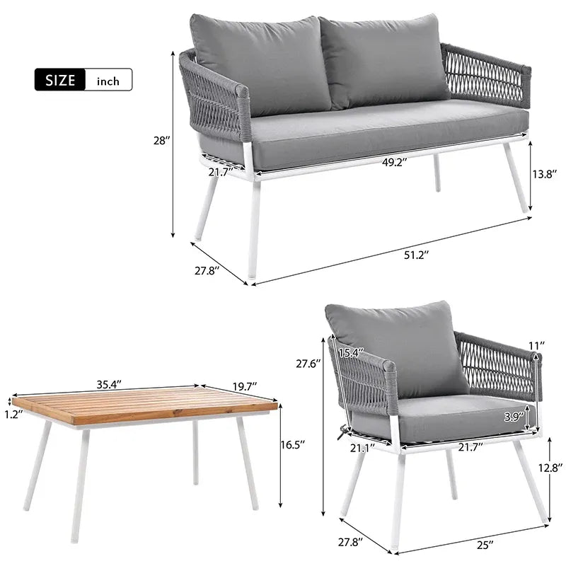 4-Piece Grey Woven Rope Outdoor Lounge Set with Acacia Wood Coffee Table