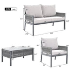 Grey 4-Piece Woven Rope Outdoor Lounge Set with Tempered Glass Coffee Table