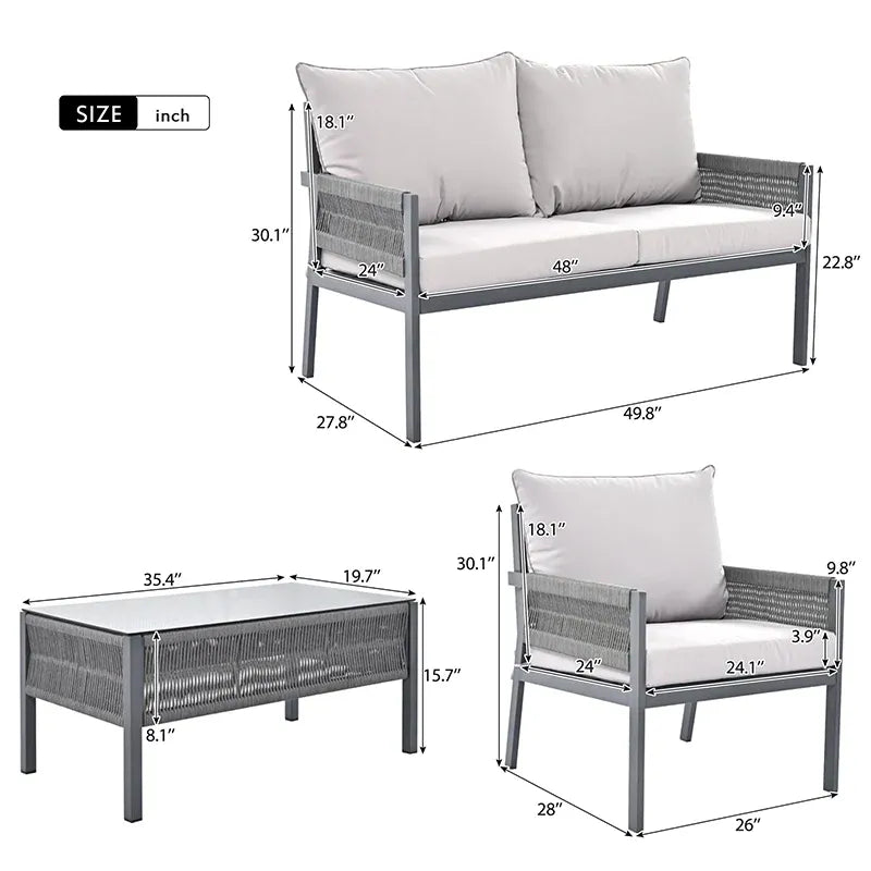 Grey 4-Piece Woven Rope Outdoor Lounge Set with Tempered Glass Coffee Table