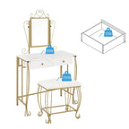 57" White Makeup Vanity Set with Gold Legs, Mirror, 2 Drawers & Stool
